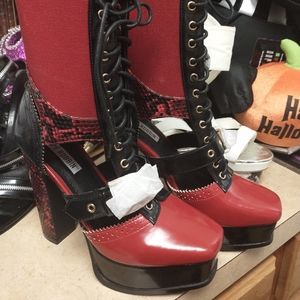 Red and Black Snakeakin Platform Lace-Up Heels